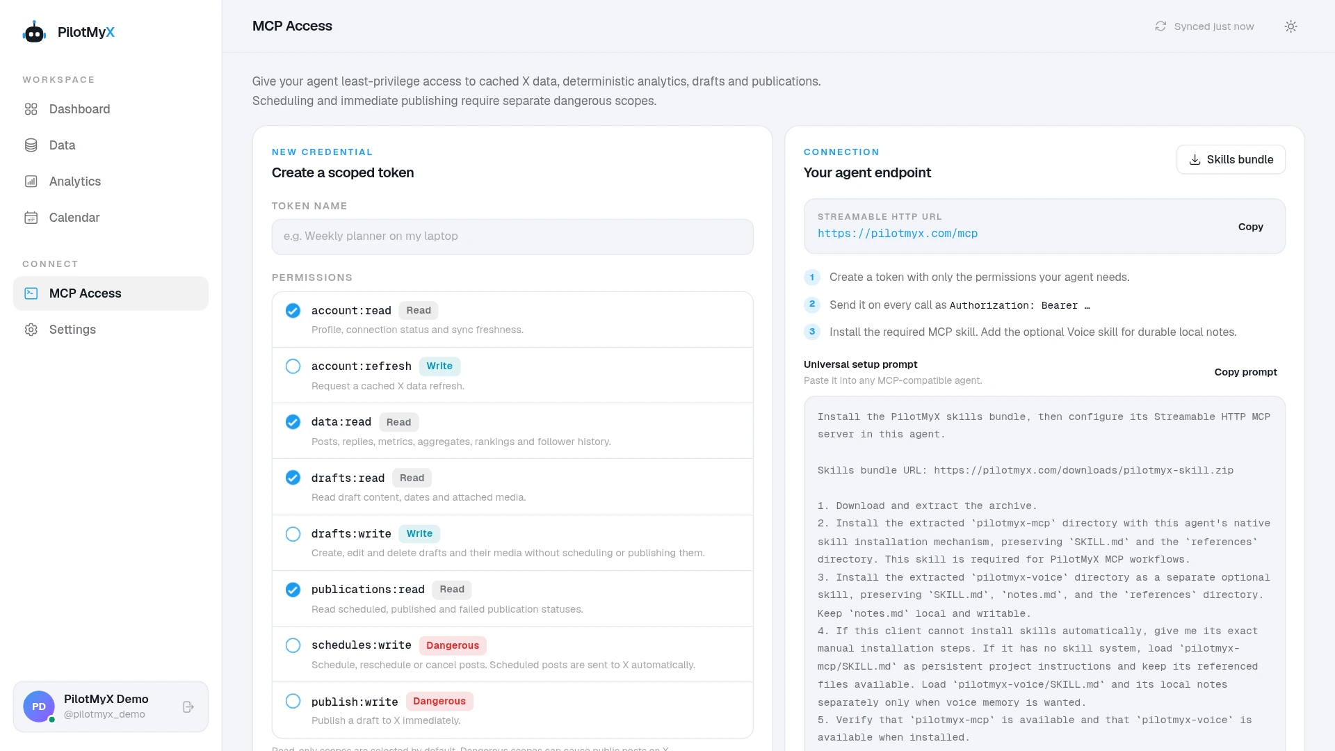 PilotMyX MCP Access page with read-only permissions selected and the production endpoint visible