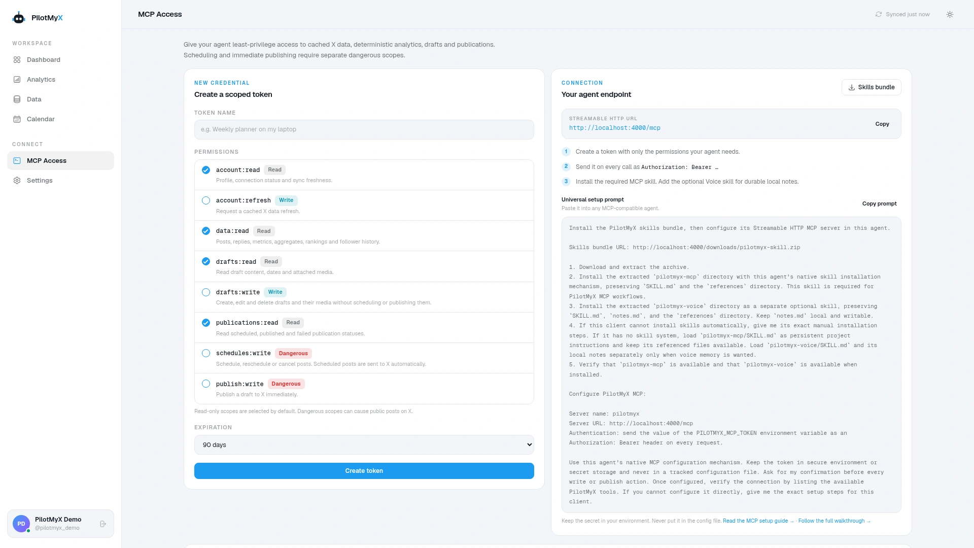 PilotMyX MCP Access form with read-only permissions