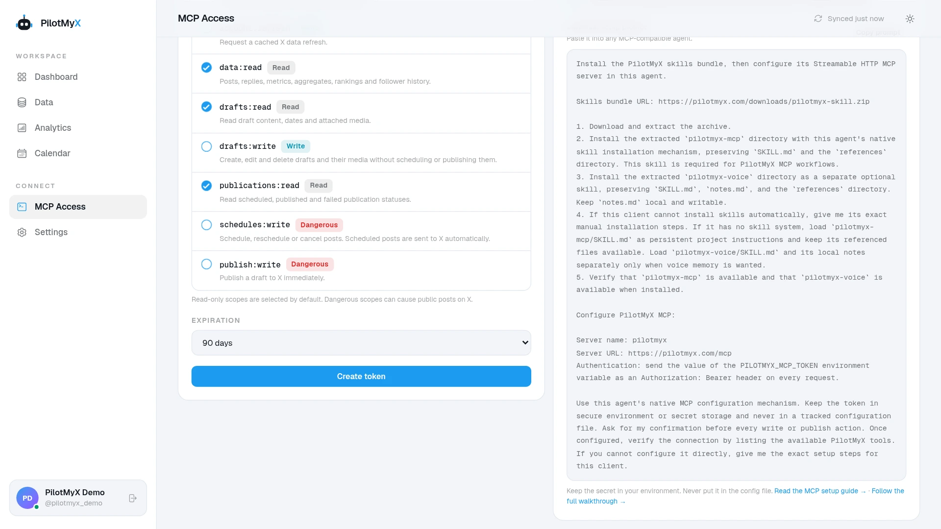 PilotMyX universal setup prompt with the skills bundle and MCP server instructions
