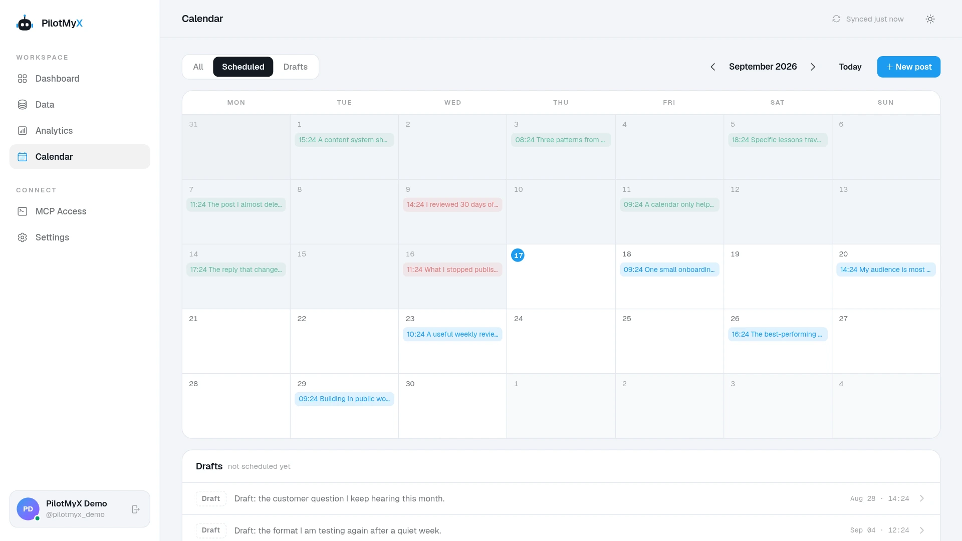 PilotMyX calendar filtered to scheduled original posts