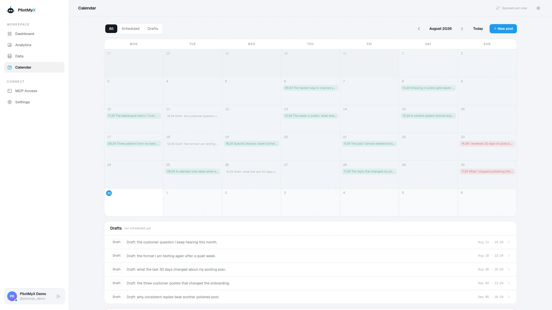 PilotMyX calendar with an approved demo post scheduled