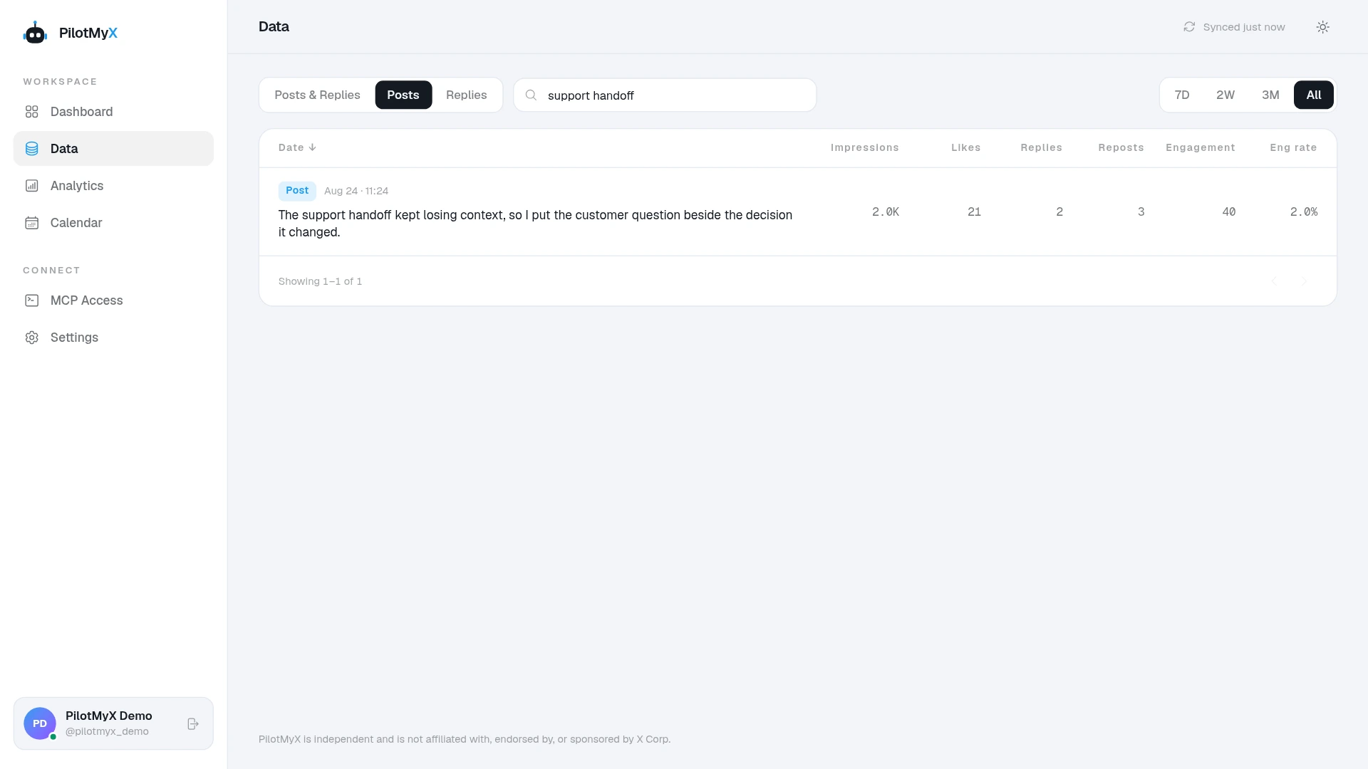 PilotMyX Data search showing one old post found from a remembered phrase