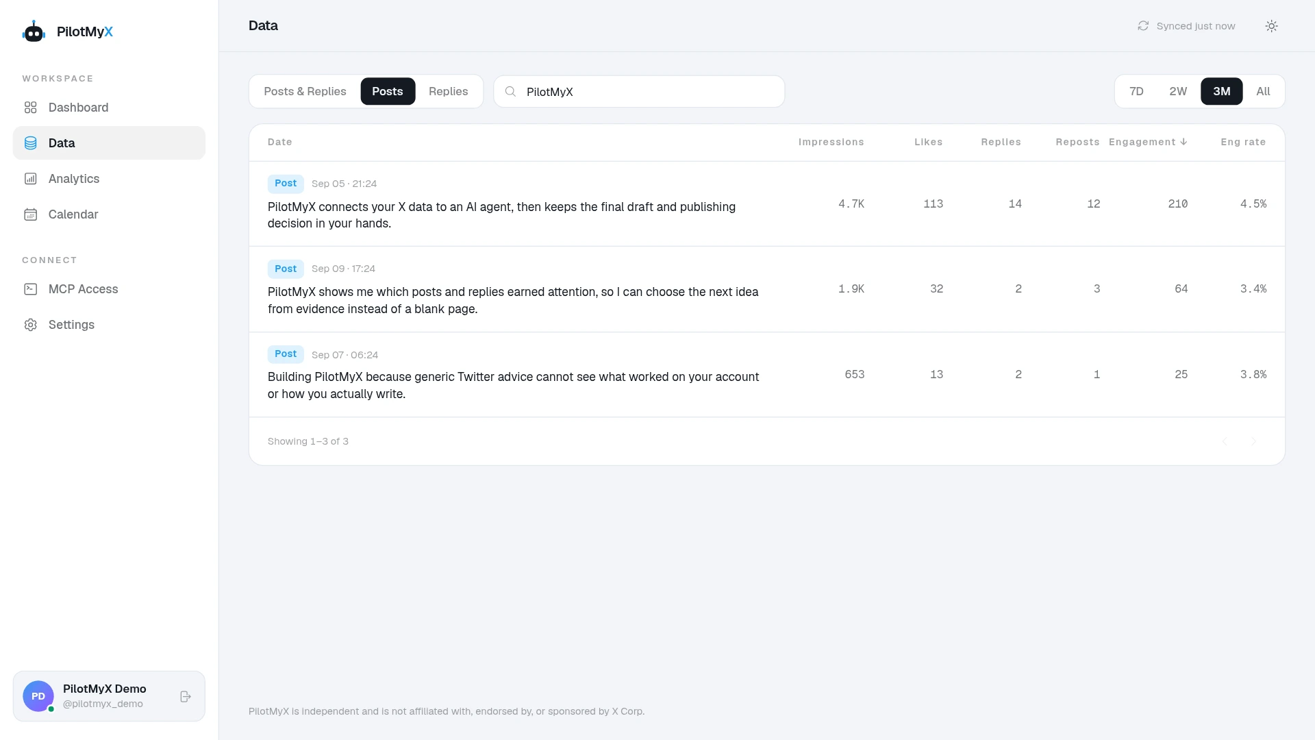 PilotMyX Data search showing three original posts that could introduce the product