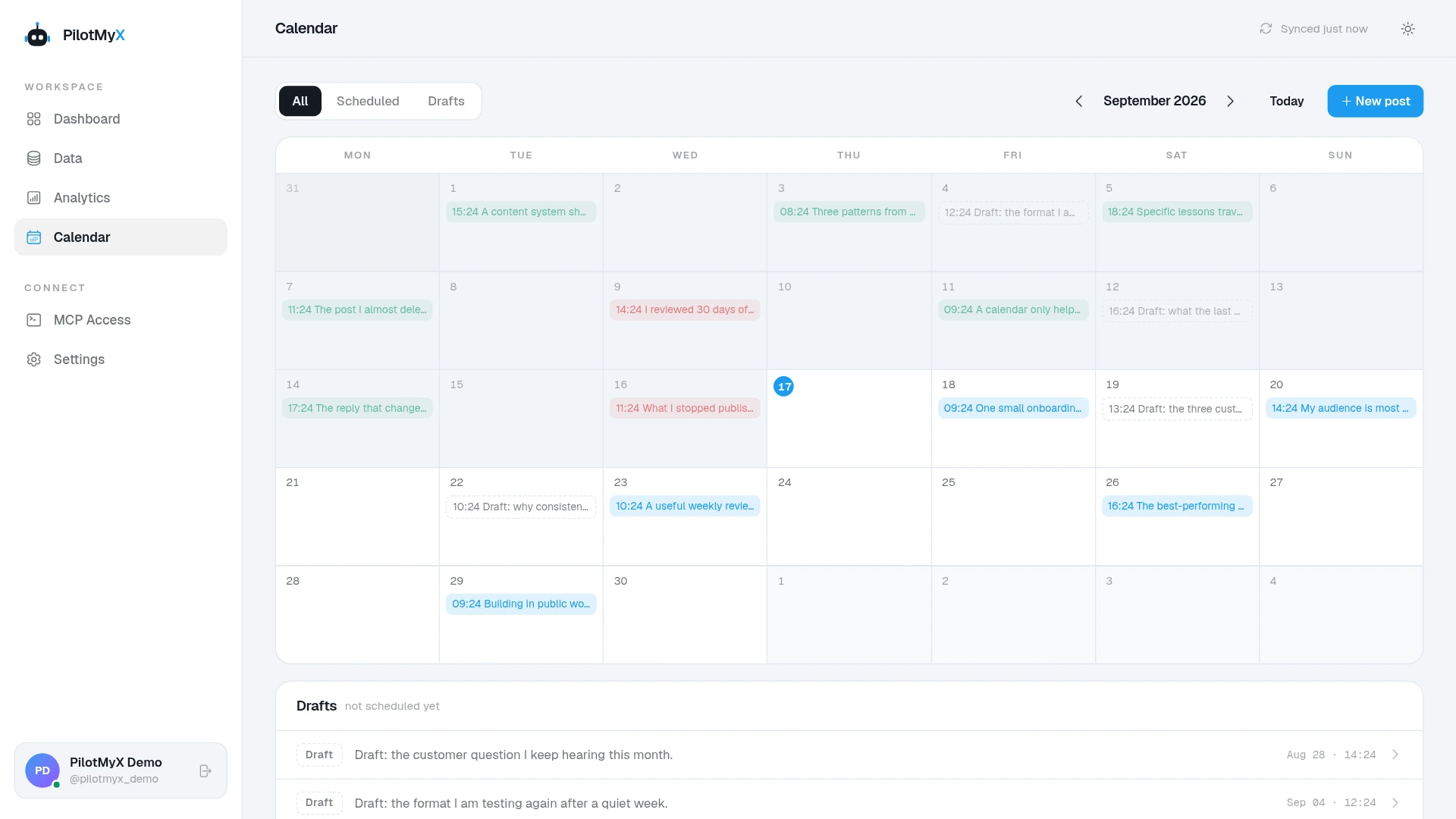 PilotMyX calendar showing published, scheduled, and draft posts across one month