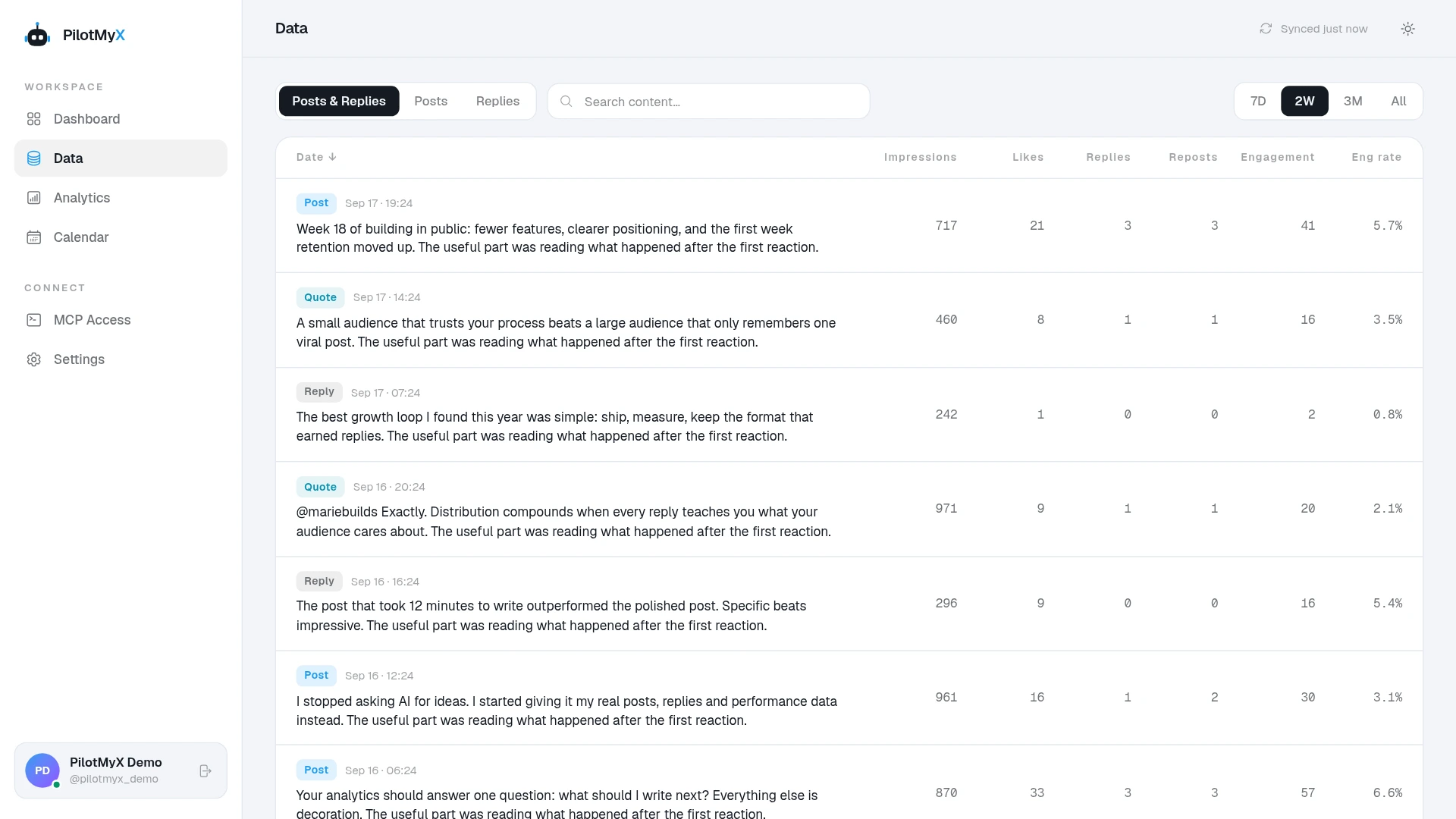PilotMyX Data page showing a mix of original posts and replies used as writing examples