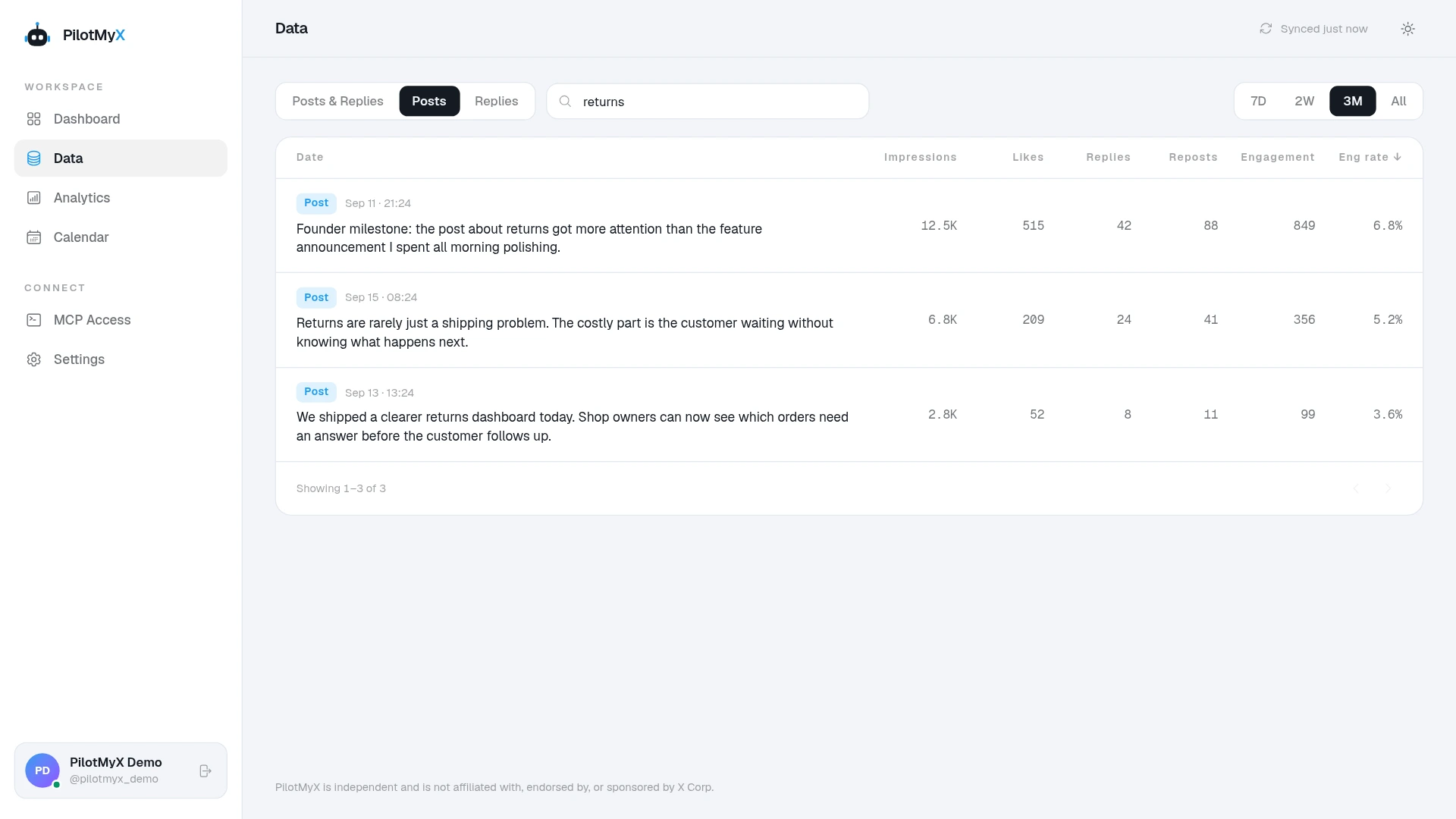 PilotMyX Data page showing three returns-related posts with different engagement results