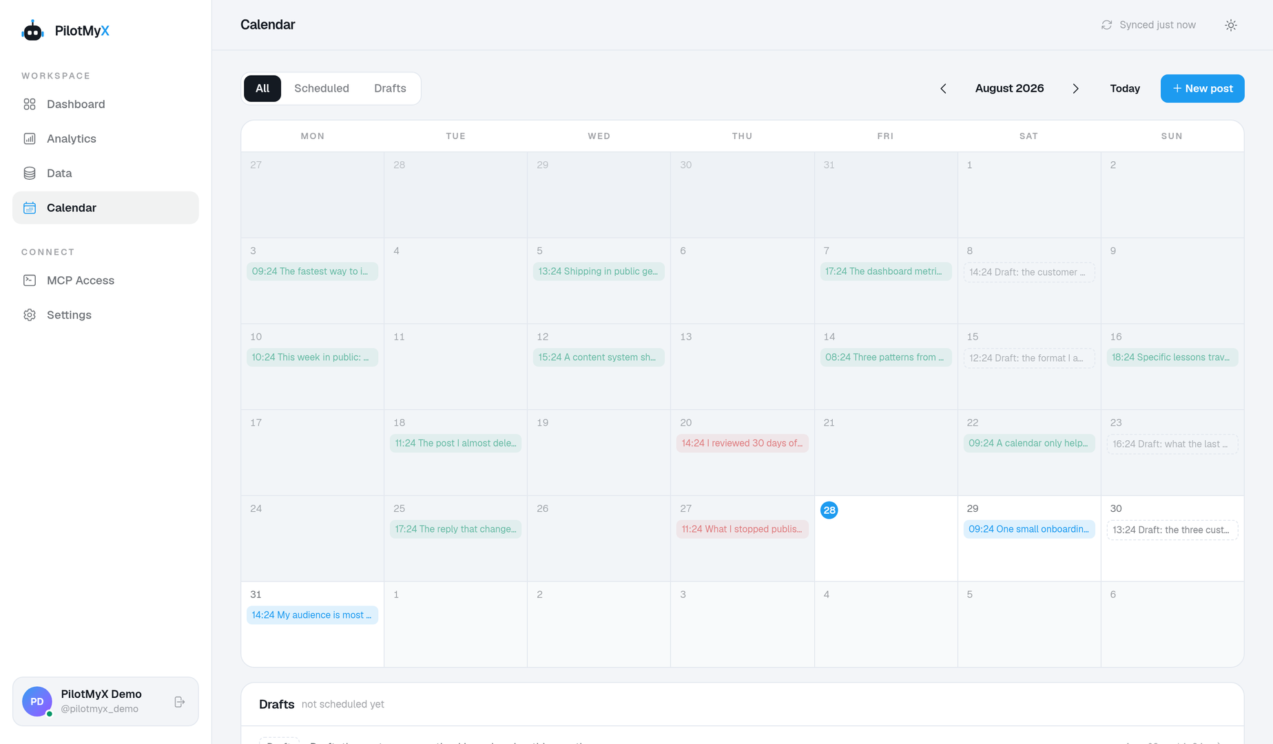 PilotMyX Calendar showing scheduled posts and drafts across a month